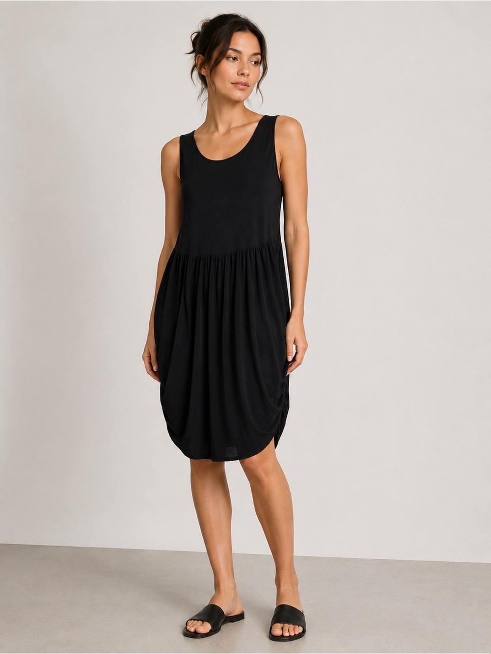 Eileen Fisher Black Silk Sleeveless Draped Knee Length Dress Tulip Hem XS